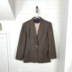Vintage Chelsea Campbell Petites Brown Houndstooth Wool Blazer Jacket Size 8P